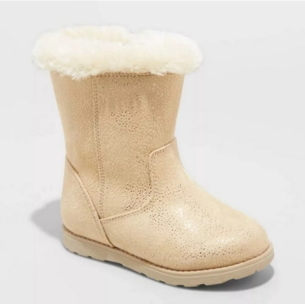 NWT Cat & Jack Girls Gold Tan Glitter Leah Faux Fur Boots Size 6